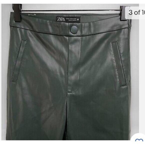 ZARA Green Faux Leather Leggings High Rise Ankle Zippers - Picture 4 of 12